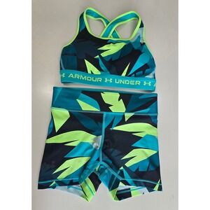 Under Armour Compression Set Teal Lime Green Geometric Sports Bra S Shorts XS